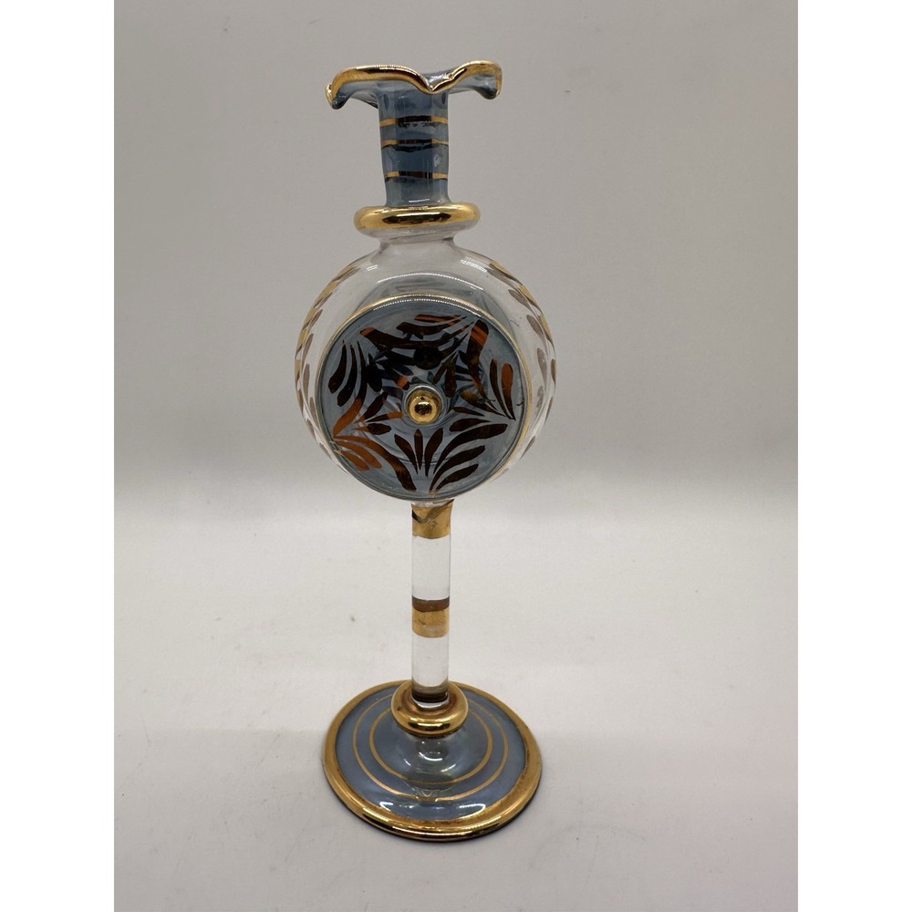 Egyptian Handblown Art Glass‎ Perfume Bottle 5" Blue Gold Leaf Design 24K Trim